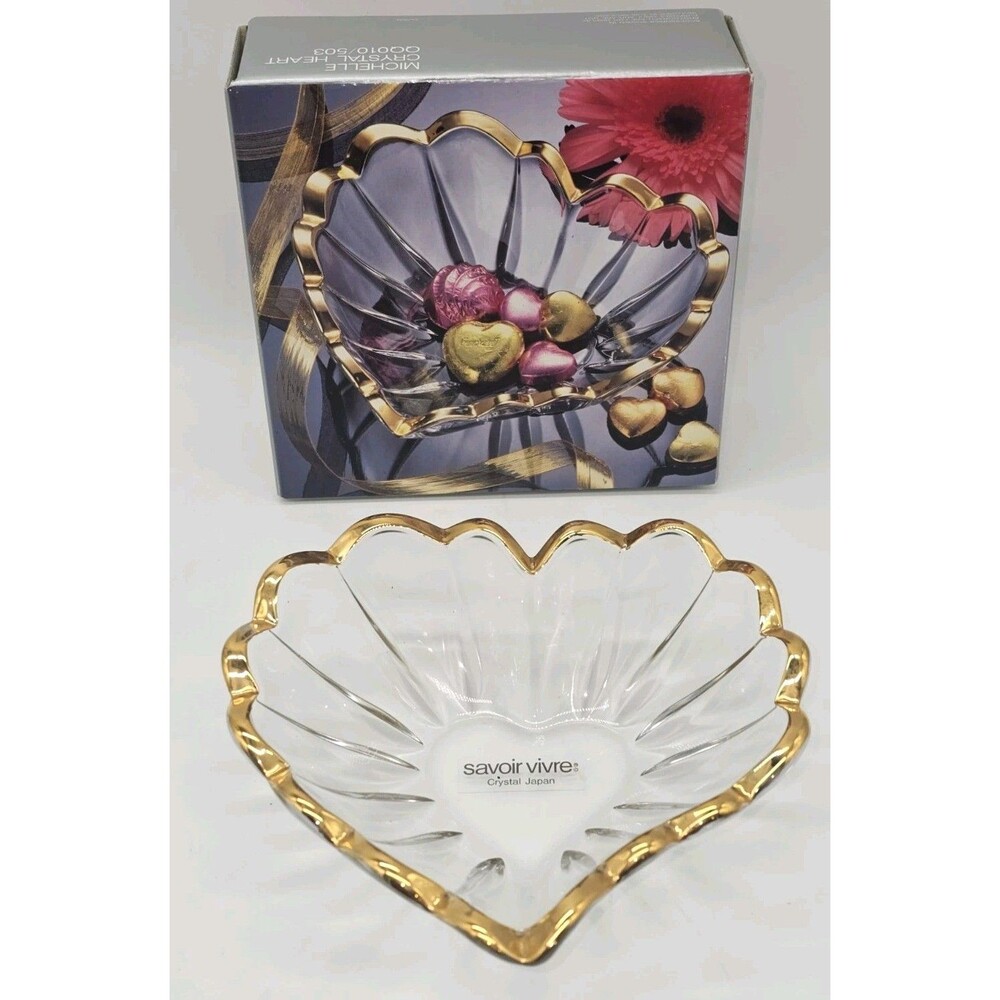 Savior Vivre' Heart Shaped Crystal Bowl ~5"w X 2"h  Gold Trim Japan Crystal